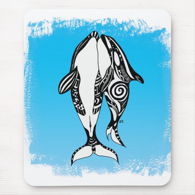 Two Orca Whales Tribal Blue Brushed Mouse Pad (Front)