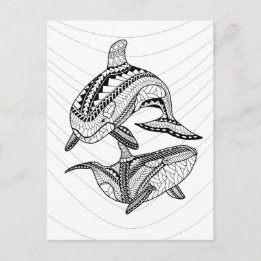 Two Orcas Adult Colouring Postcard