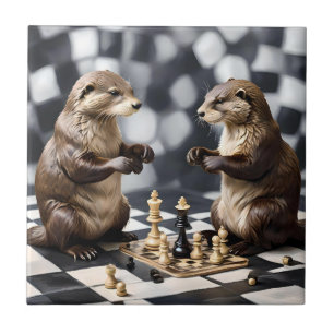 Two Otters Playing Chess, Ceramic Tile