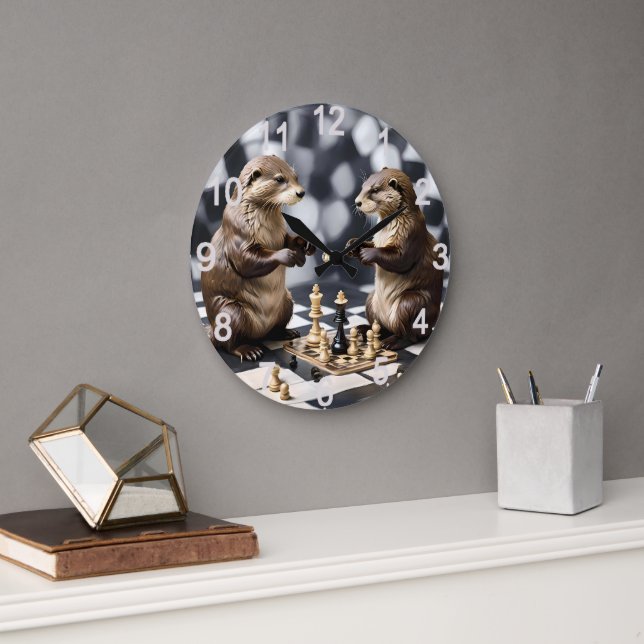 Two Otters Playing Chess,  Large Clock (Office)
