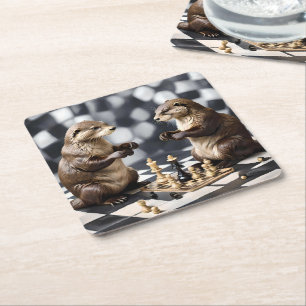 Two Otters Playing Chess, Square Paper Coaster