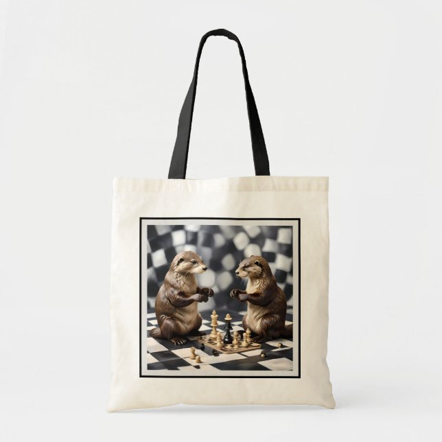 Two Otters Playing Chess,  Tote Bag (Front)