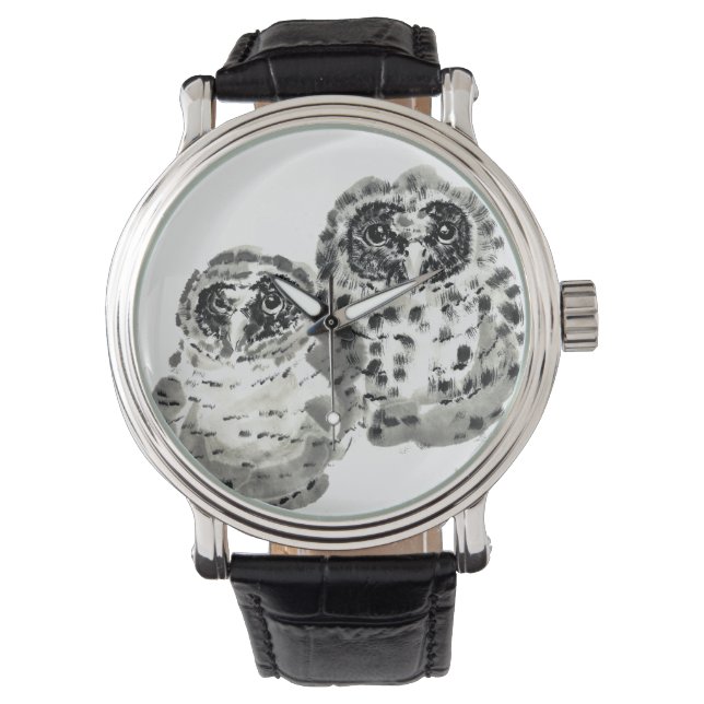 Two owl chicks sumie ink painting watch (Front)