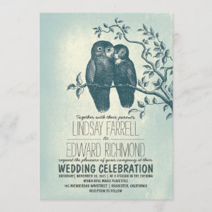 two owls in love & tree branch wedding invitations