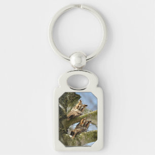 Two Owls in the Woods, birds, wildlife Keychain