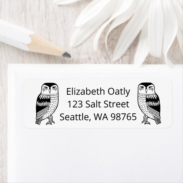 Two Owls Line Drawing Cute CUSTOM Return Address Label (Insitu)