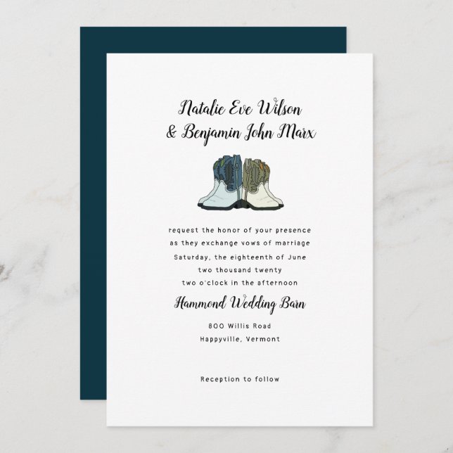 Two Pair Cowboy Boots Country Wedding Invitation (Front/Back)