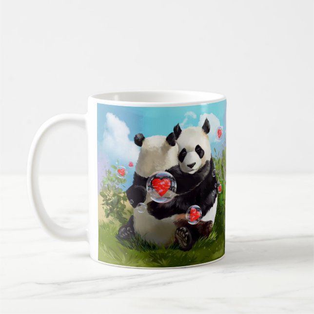 Two pandas in love hugging coffee mug (Left)