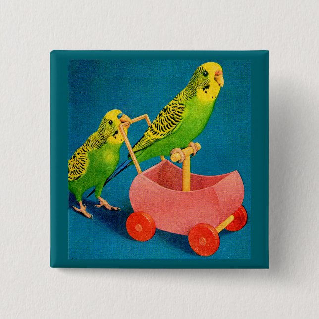 two parakeets 15 cm square badge (Front)