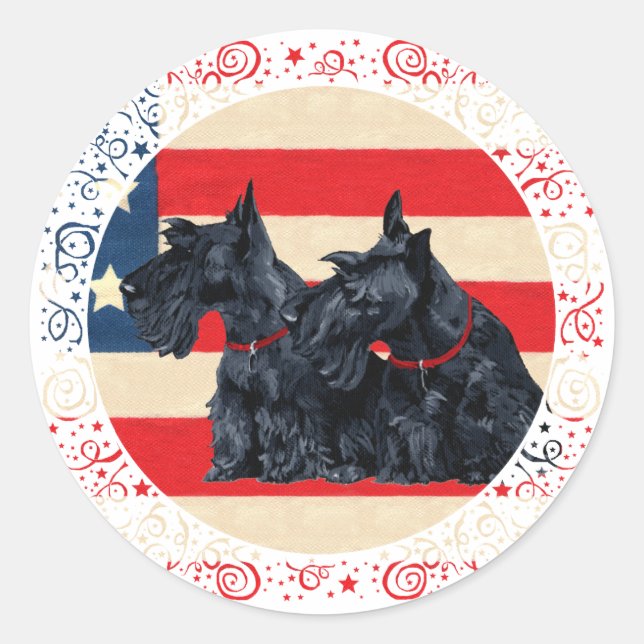 Two Patriotic Scottish Terriers Classic Round Sticker (Front)