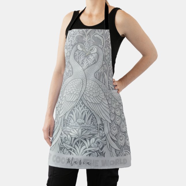 Two Peacocks Winter Love Art Apron, Chefs Kitchen Apron (Insitu)