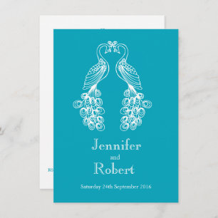 Two Peafowl teal white wedding invitation