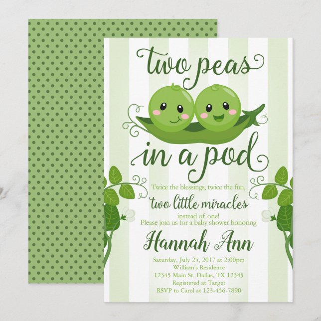 Two Peas in a Pod Baby Shower Invitation Sweet Pea (Front/Back)