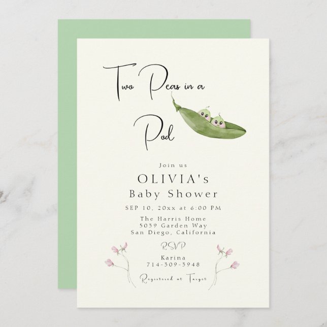 Two Peas in a Pod Girl Baby Shower Invitation (Front/Back)