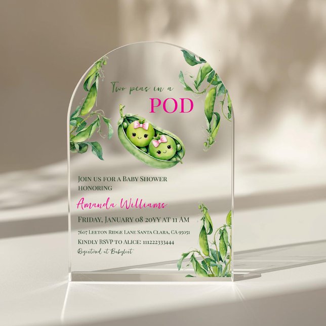 Two Peas in A Pod Pink Girl Twins Baby Shower Arch Acrylic Invitations (Creator Uploaded)