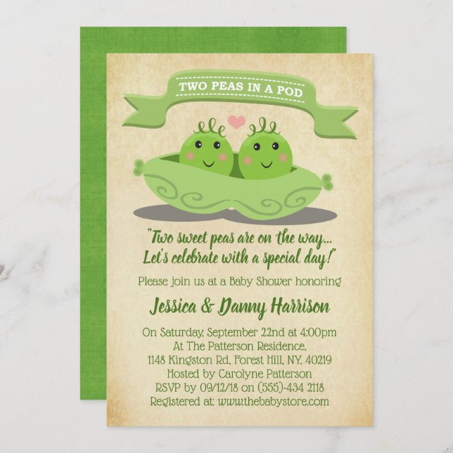 Two Peas In A Pod Twin Baby Shower Invitation (Front/Back)