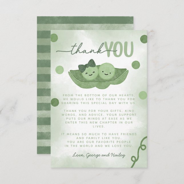 Two Peas In a Pod Twin Boy and Girl Baby Shower Thank You Card (Front/Back)