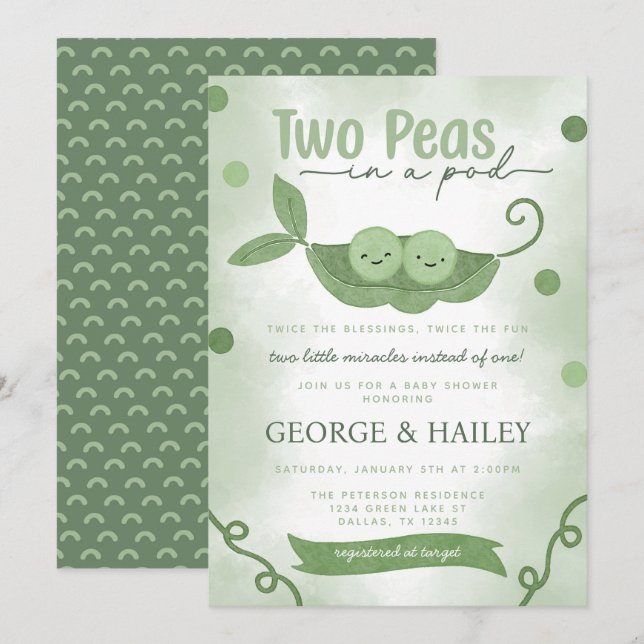 Two Peas In a Pod Twin Boys Baby Shower Invitation (Front/Back)