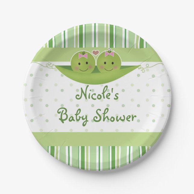 Two Peas in a Pod Twin Girls Baby Shower Custom Paper Plate (Front)