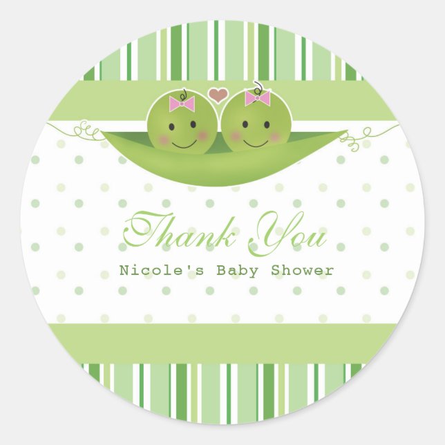 Two Peas in a Pod Twin Girls Baby Shower Favour Classic Round Sticker (Front)