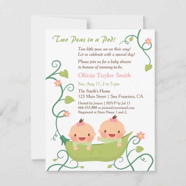 Two Peas in a Pod Twin Girls Baby Shower Invitation (Front)