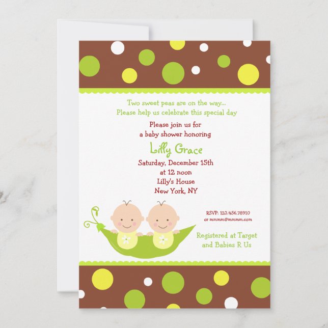 Two Peas In A Pod Twins Baby Shower Invitations (Front)