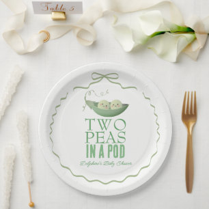Two Peas in a Pod Twins Green Bow Baby Shower Paper Plate