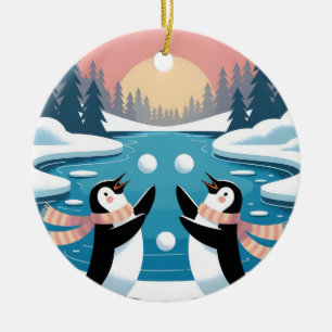 Two Penguins Juggling Snowballs in a Winter Sunset Ceramic Ornament