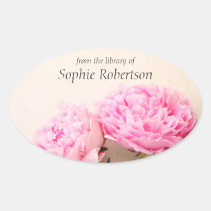 Two peonies pink bookplate oval sticker
