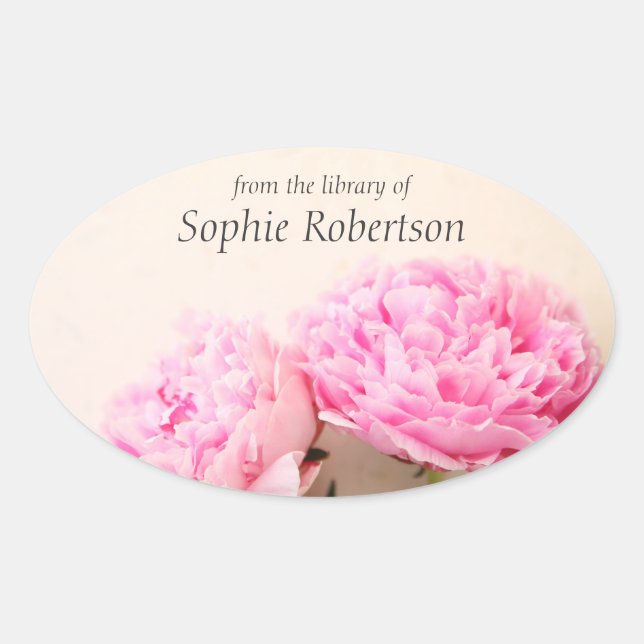 Two peonies pink bookplate oval sticker (Front)