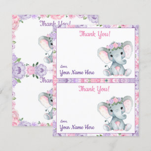 Two Per Page Thank You Cards Elephant Purple Pink