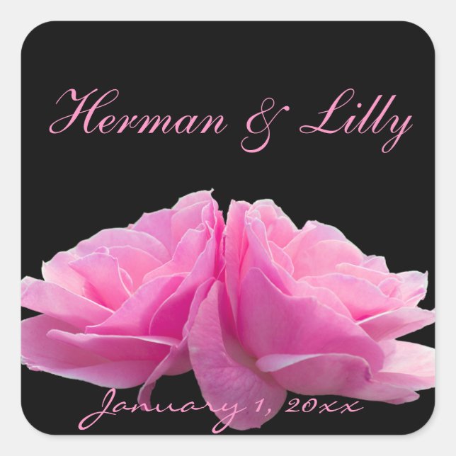 Two Perfectly Pink Roses Personalised Wedding Square Sticker (Front)