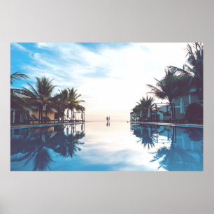 Two person standing beside swimming pool poster