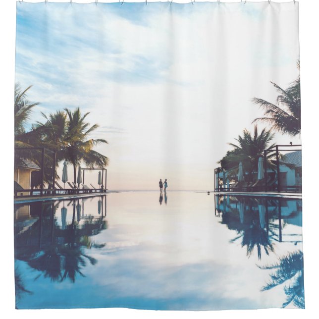 Two person standing beside swimming pool shower curtain (Front)
