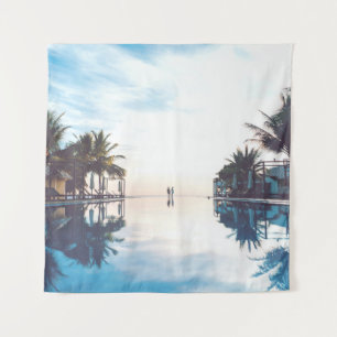 Two person standing beside swimming pool tapestry