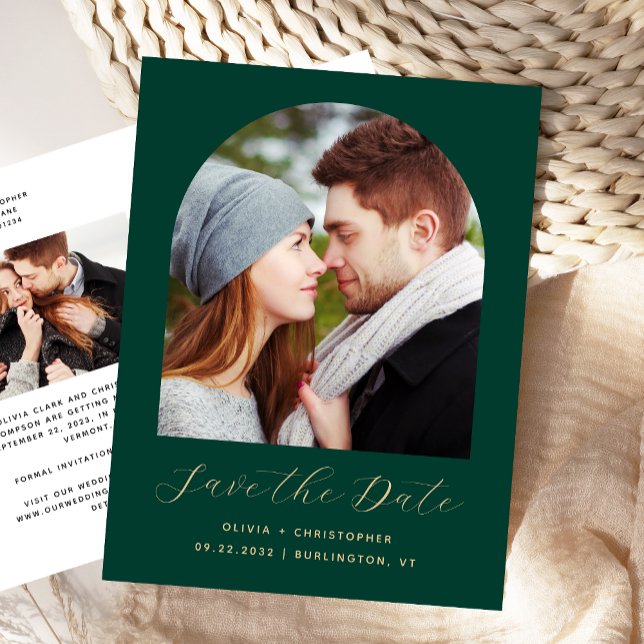 Two Photo Arch Emerald Green QR Code Save the Date Postcard (Creator Uploaded)