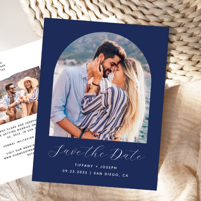 Two Photo Arch Navy Blue Save the Date Postcard (Creator Uploaded)