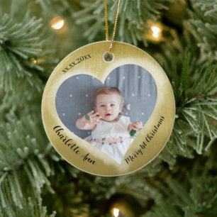 Two Photo Baby First Christmas Date Heart Ceramic Ornament