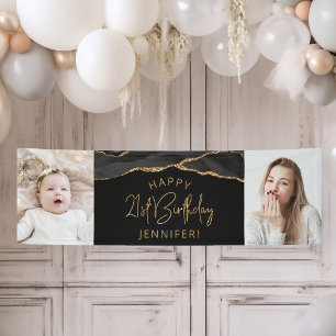 Two Photo Black Gold Agate 21st Birthday Banner