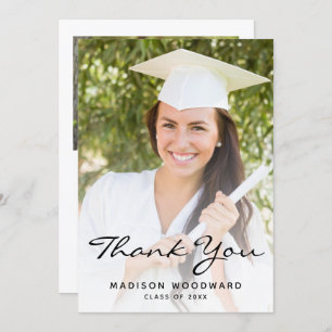 Two-Photo Black Script Graduation Thank You Card