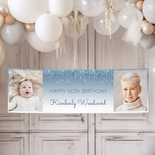 Two Photo Blue Dripping Glitter 50th Birthday Banner
