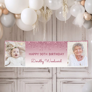 Two Photo Burgundy Dripping Glitter 90th Birthday Banner