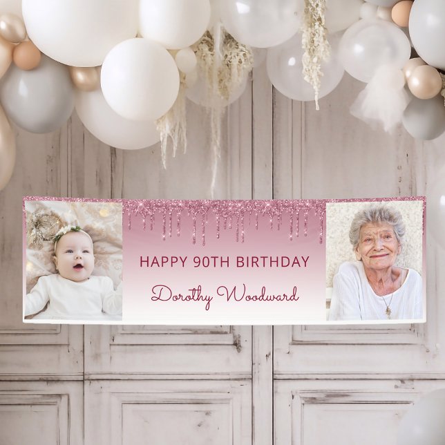 Two Photo Burgundy Dripping Glitter 90th Birthday Banner (Creator Uploaded)