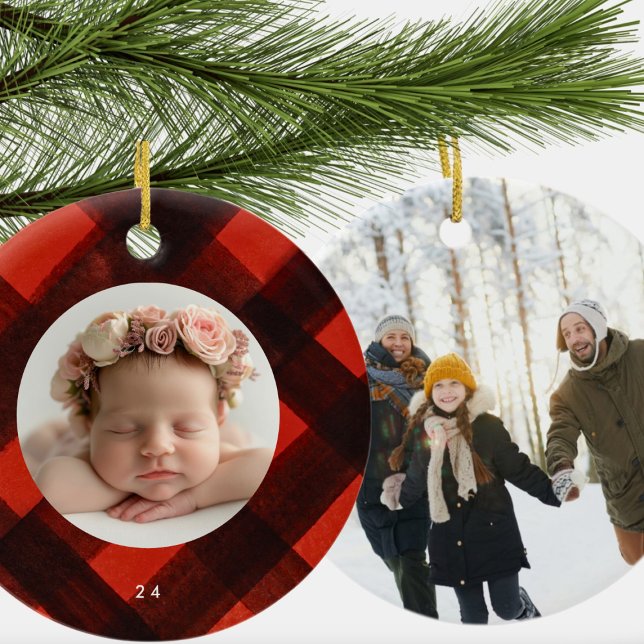 Two Photo Christmas Painted Red Black Plaid Ceramic Ornament (Creator Uploaded)