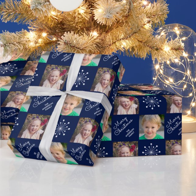 Two Photo Collage Navy Blue Merry Christmas Wrapping Paper (Holidays)