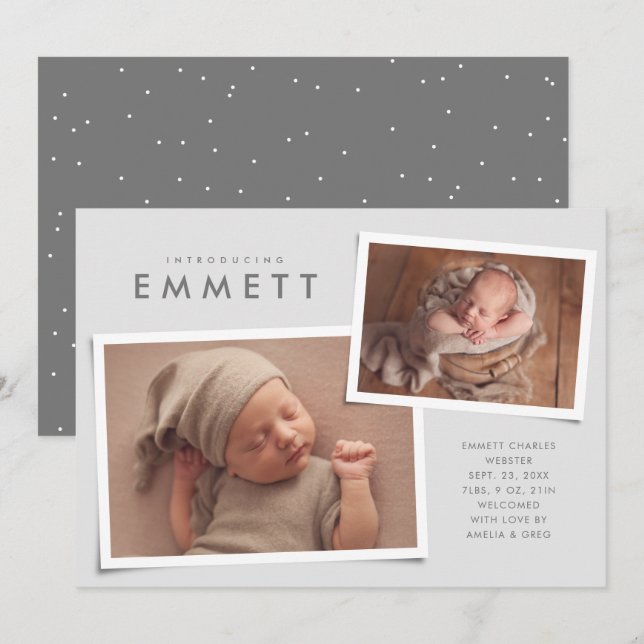 Two photo collage simple type grey birth announcement (Front/Back)