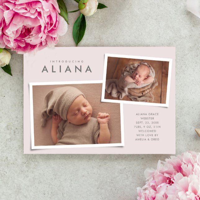 Two photo collage simple type pink birth announcement (Creator Uploaded)