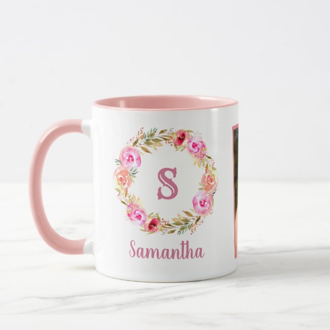 Two Photo Collage Sweet Monogram Gift For Her Girl Mug (Left)
