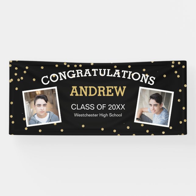 Two Photo Confetti Black Graduation Banner (Horizontal)