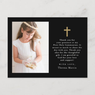 Two Photo Cross First Communion Thank You Black Postcard